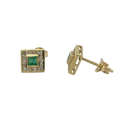 9ct Gold Diamond & Emerald Square Cluster Stud Earrings