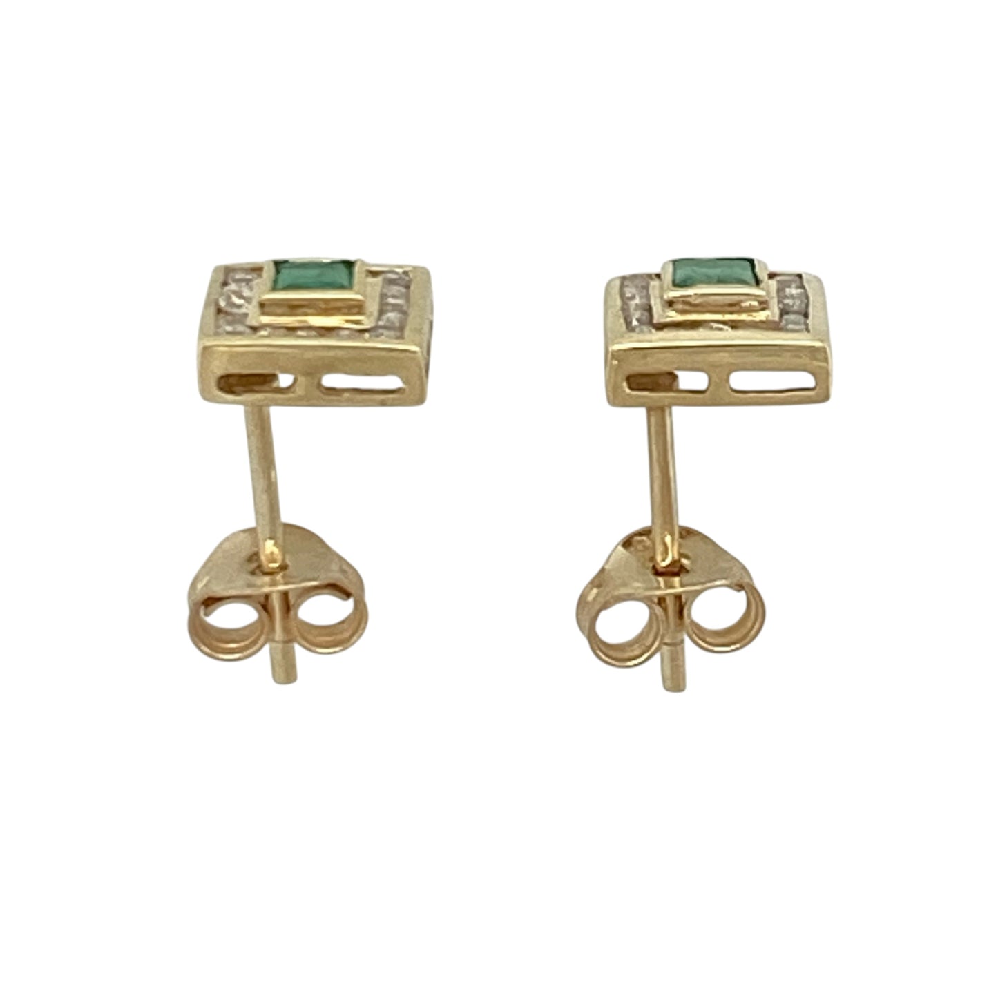9ct Gold Diamond & Emerald Square Cluster Stud Earrings
