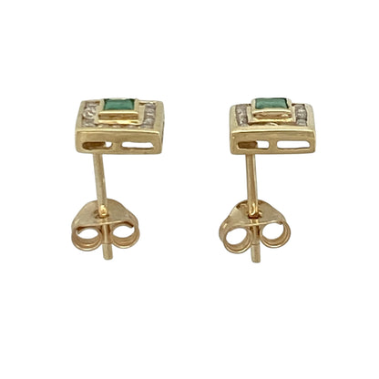 9ct Gold Diamond & Emerald Square Cluster Stud Earrings