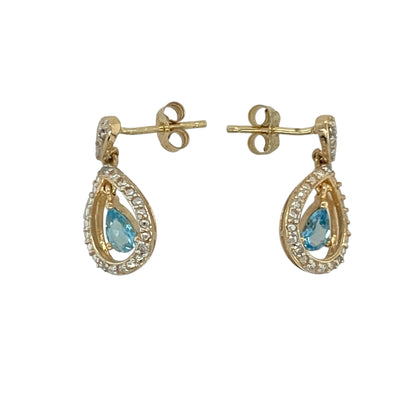 9ct Gold Diamond & Blue Topaz Teardrop Drop Earrings