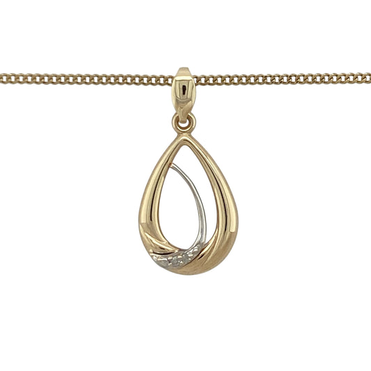 This pre-owned 9ct yellow and white gold diamond teardrop pendant necklace is an elegant two-tone design, featuring diamond detailing within a classic teardrop shape.

Design: Featuring a teardrop-shaped pendant with diamond detailing, this necklace combines yellow and white gold for a contrasting two-tone finish. The pendant measures approximately 2.4cm long including the bail and is suspended from a 20-inch curb chain.
Material: Made from 9-carat yellow and white gold.
Gemstone Detail: Set with diamonds.