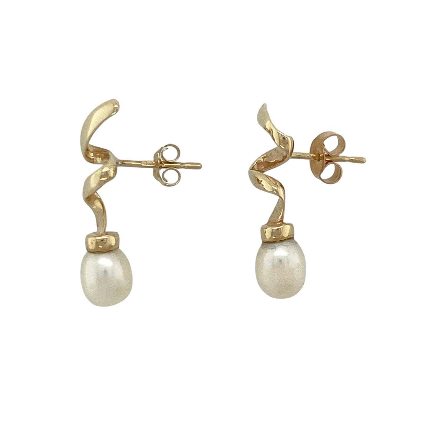 9ct Gold & Pearl Swirl Drop Earrings