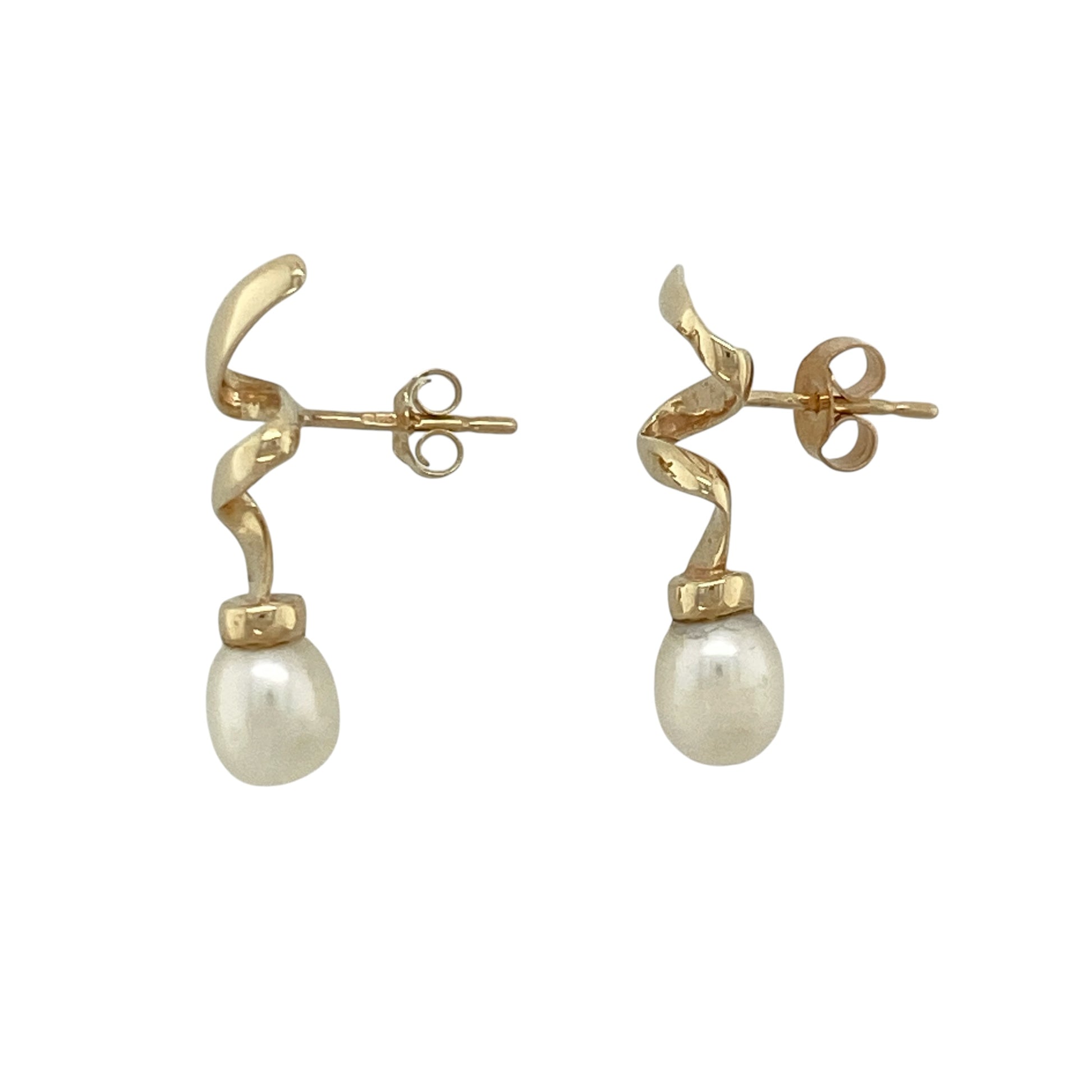 9ct Gold & Pearl Swirl Drop Earrings