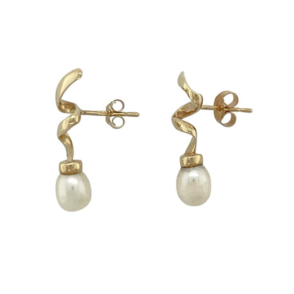 9ct Gold & Pearl Swirl Drop Earrings