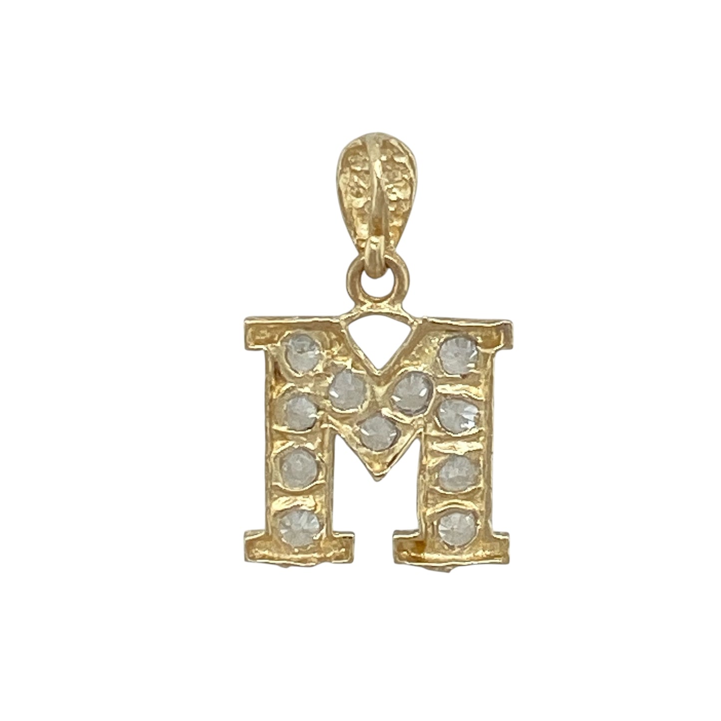 This pre-owned 9ct yellow and white gold cubic zirconia initial 'M' pendant is a personalised two-tone design, featuring cubic zirconia detailing.

Design: Featuring the initial 'M' with cubic zirconia detailing, this pendant combines yellow and white gold for a distinctive two-tone finish.
Material: Made from 9-carat yellow and white gold.
Gemstone Detail: Set with cubic zirconia stones.
Pendant Detail: Initial 'M' design with a bail measuring approximately 3mm by 2mm.