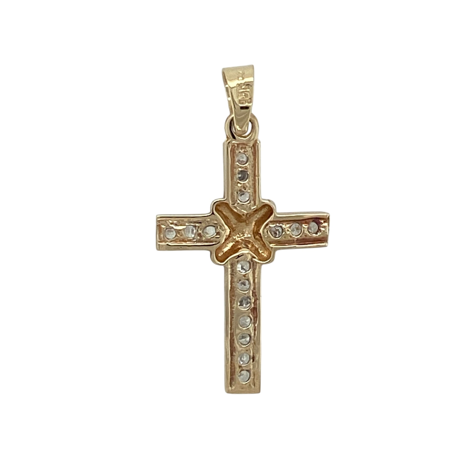 This pre-owned 9ct yellow and white gold cubic zirconia cross pendant is a classic two-tone design, featuring cubic zirconia detailing.

Design: Featuring a traditional cross design with cubic zirconia detailing, this pendant combines yellow and white gold for a contrasting two-tone finish.
Material: Made from 9-carat yellow and white gold.
Gemstone Detail: Set with cubic zirconia stones.
Pendant Detail: Cross pendant with a bail measuring approximately 5mm by 4mm.
Size & Weight: Total weight 1.30 grams.