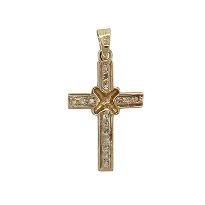 This pre-owned 9ct yellow and white gold cubic zirconia cross pendant is a classic two-tone design, featuring cubic zirconia detailing.

Design: Featuring a traditional cross design with cubic zirconia detailing, this pendant combines yellow and white gold for a contrasting two-tone finish.
Material: Made from 9-carat yellow and white gold.
Gemstone Detail: Set with cubic zirconia stones.
Pendant Detail: Cross pendant with a bail measuring approximately 5mm by 4mm.
Size & Weight: Total weight 1.30 grams.