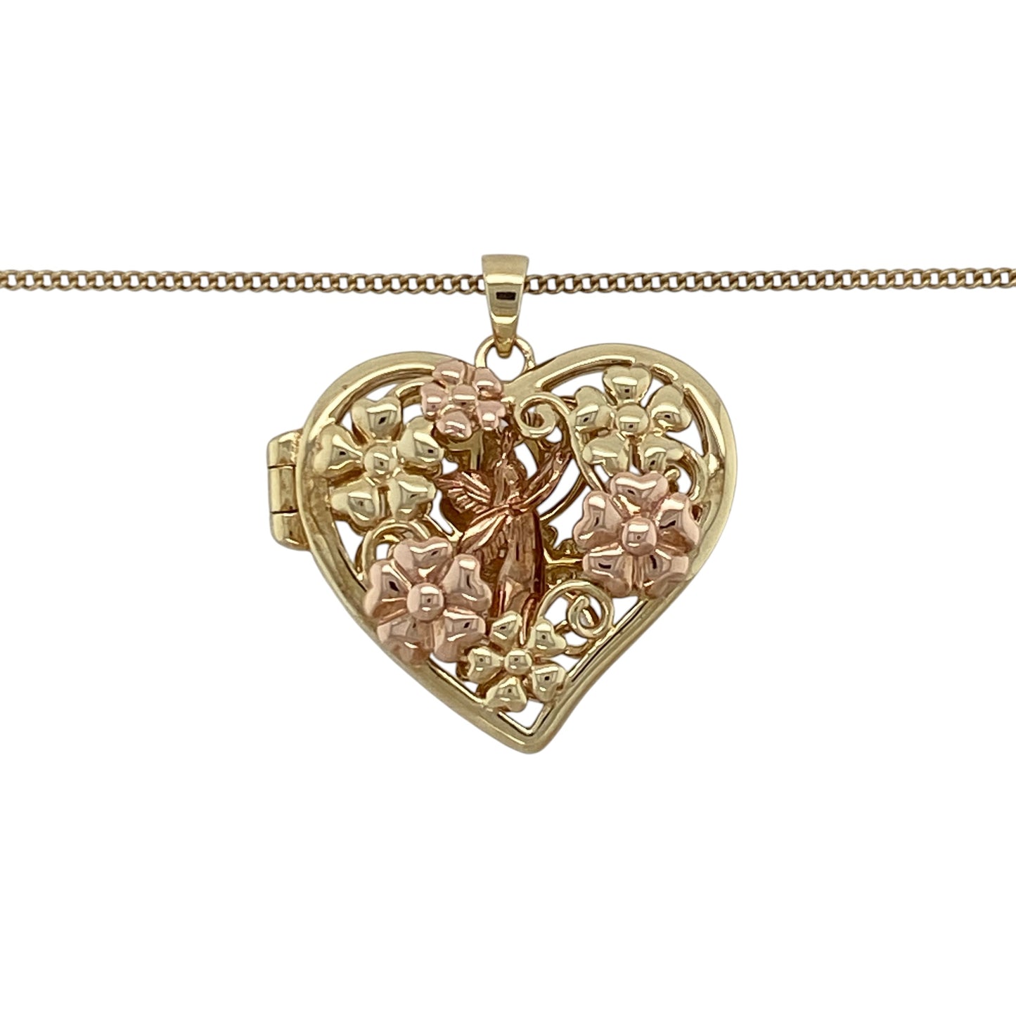This pre-owned Clogau heart-shaped locket necklace is a distinctive two-tone design, featuring a fairy motif with decorative floral detailing.

Design: Featuring a heart-shaped locket with a fairy inside and flower-patterned detailing around the design, this Clogau piece combines yellow and rose gold and is suspended from an adjustable curb chain.
Material: Made from 9-carat yellow and rose gold.
Pendant Detail: Heart-shaped locket measuring approximately 2.5cm long including the bail.