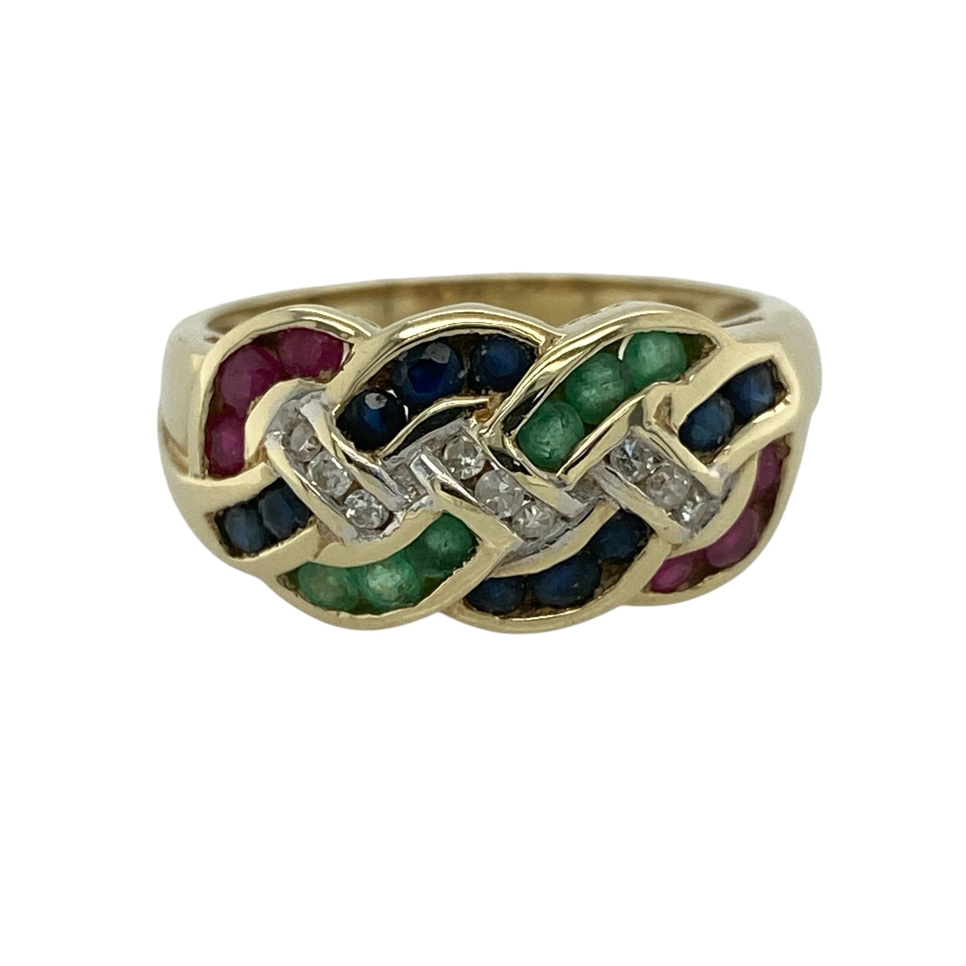9ct Gold Diamond Emerald Ruby & Sapphire Plaited Band Ring