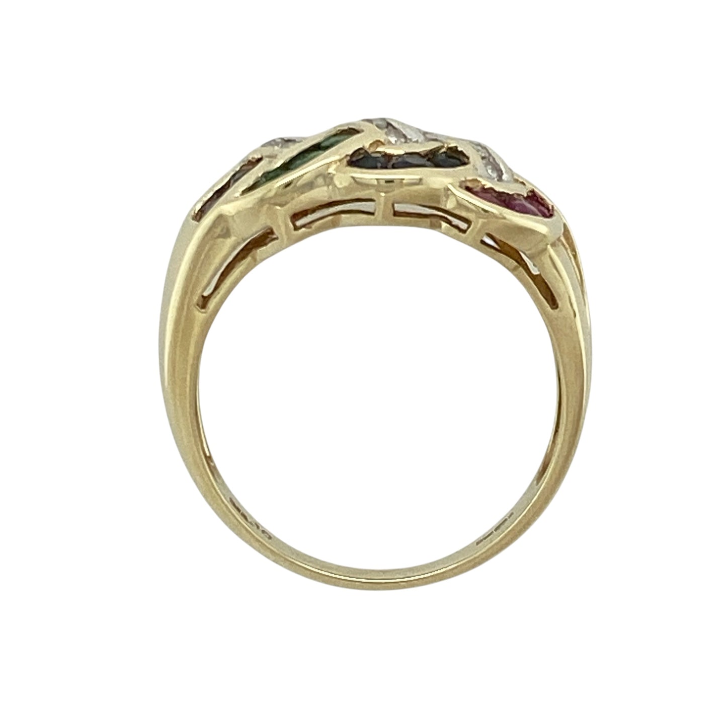 9ct Gold Diamond Emerald Ruby & Sapphire Plaited Band Ring