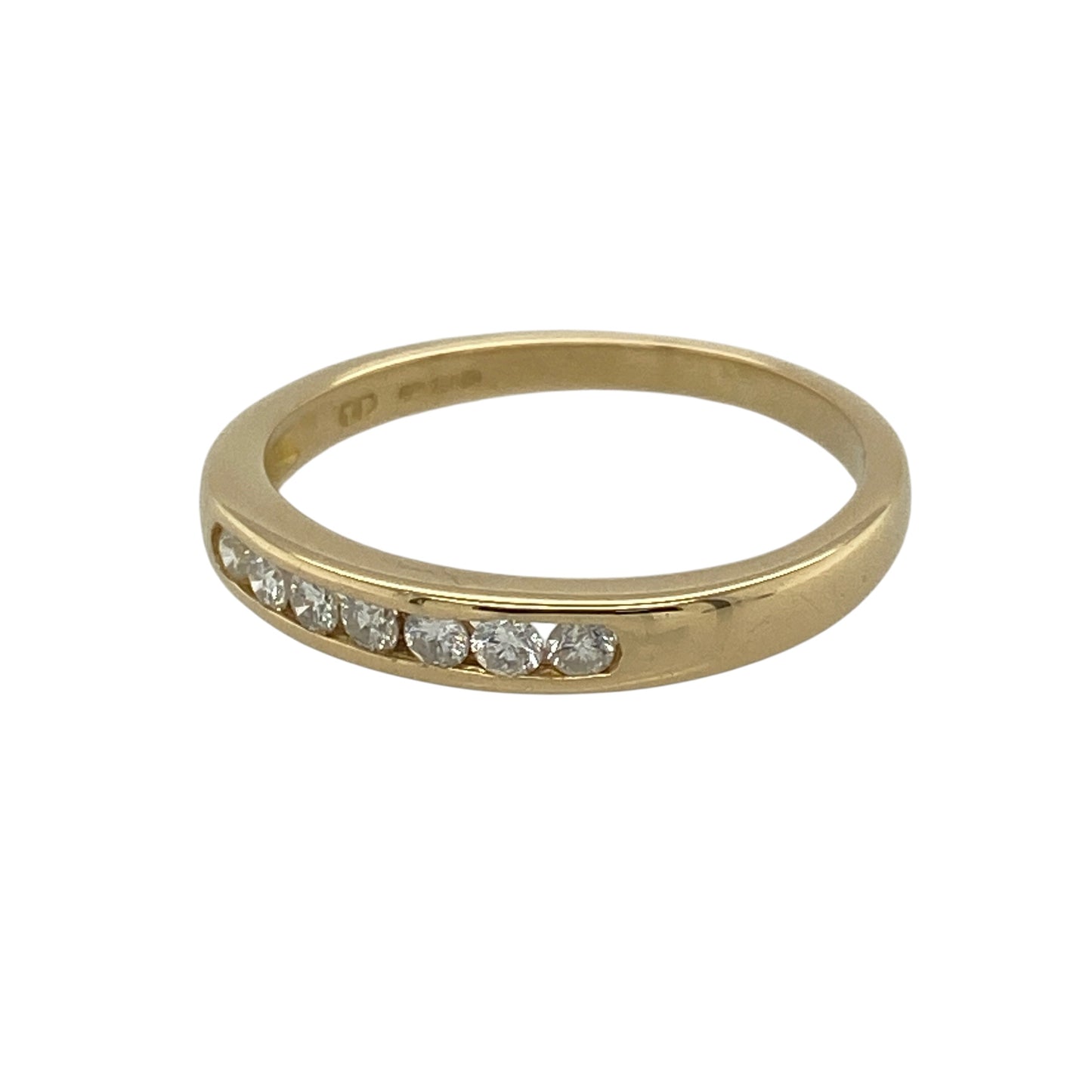 This pre-owned 18ct yellow gold diamond band ring is a classic design, featuring diamond detailing across the front of the band.

Design: Featuring a diamond set band design, this ring combines a simple profile with the warm finish of 18ct yellow gold.
Material: Made from 18-carat yellow gold.
Gemstone Detail: Approximately 0.14ct of diamond content set in total.
Ring Detail: Front of the band measures approximately 3mm wide.
Size & Weight: Ring size J. Total weight 2 grams.