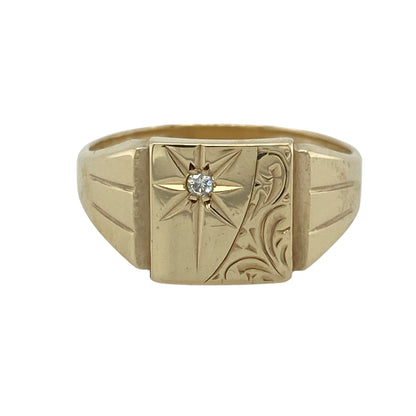 9ct Gold & Diamond Patterned Signet Ring