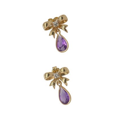 9ct Gold Diamond & Amethyst Bow Drop Earrings