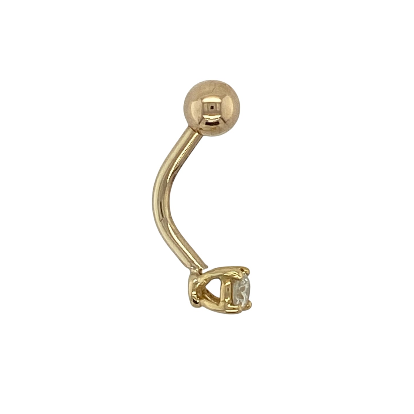 This pre-owned 9ct yellow gold diamond belly bar is a classic design, featuring a brilliant cut diamond as the main feature.

Design: Featuring a diamond set belly bar design, this piece combines a brilliant cut diamond with the warm finish of 9ct yellow gold.
Material: Made from 9-carat yellow gold.
Gemstone Detail: Brilliant cut diamond weighing approximately 0.13ct.
Belly Bar Detail: Classic diamond set belly bar design.
Size & Weight: Total weight 1 gram.