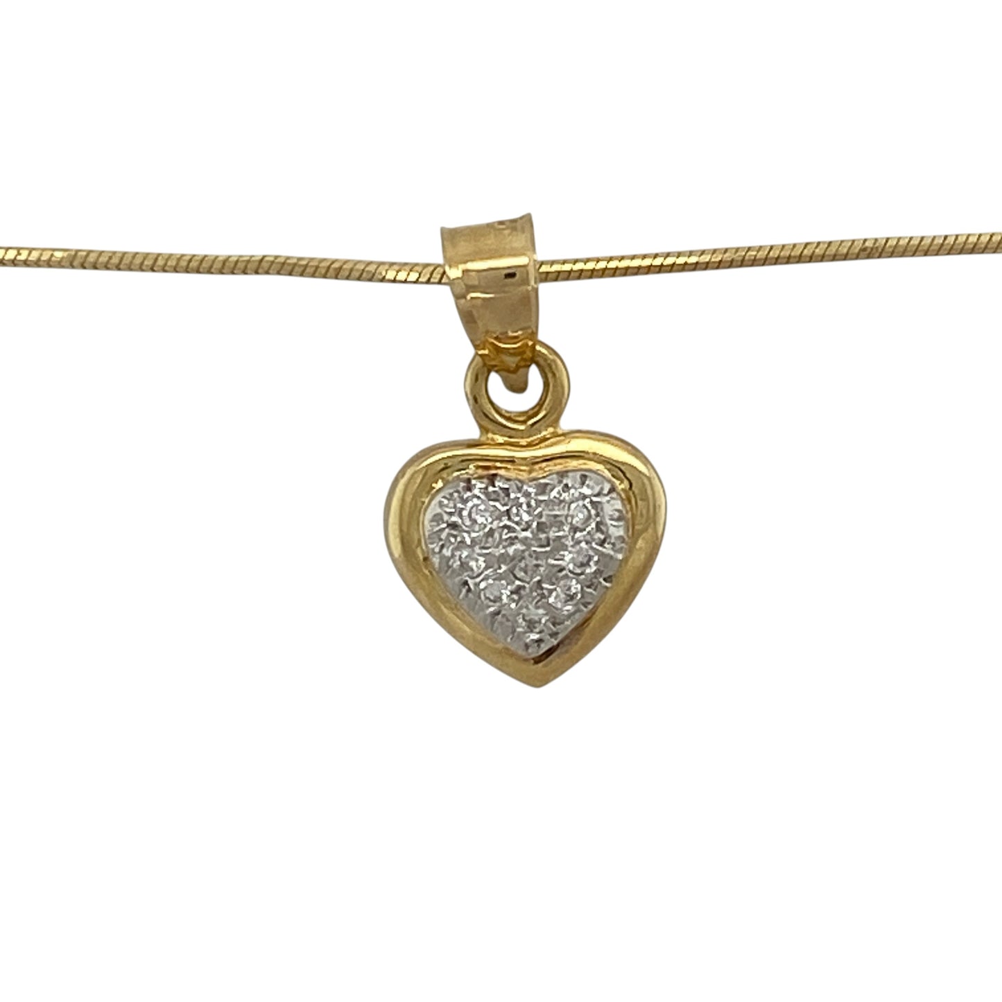 This pre-owned 18ct yellow gold diamond heart pendant necklace is a classic design, featuring a diamond set heart suspended from a flat snake chain.

Design: Featuring a heart-shaped pendant with diamond detailing, this necklace combines a timeless design with the warm finish of 18ct yellow gold.
Material: Made from 18-carat yellow gold.
Gemstone Detail: Heart pendant set with diamonds.
Pendant Detail: Pendant measures approximately 1.9cm long including the bail.