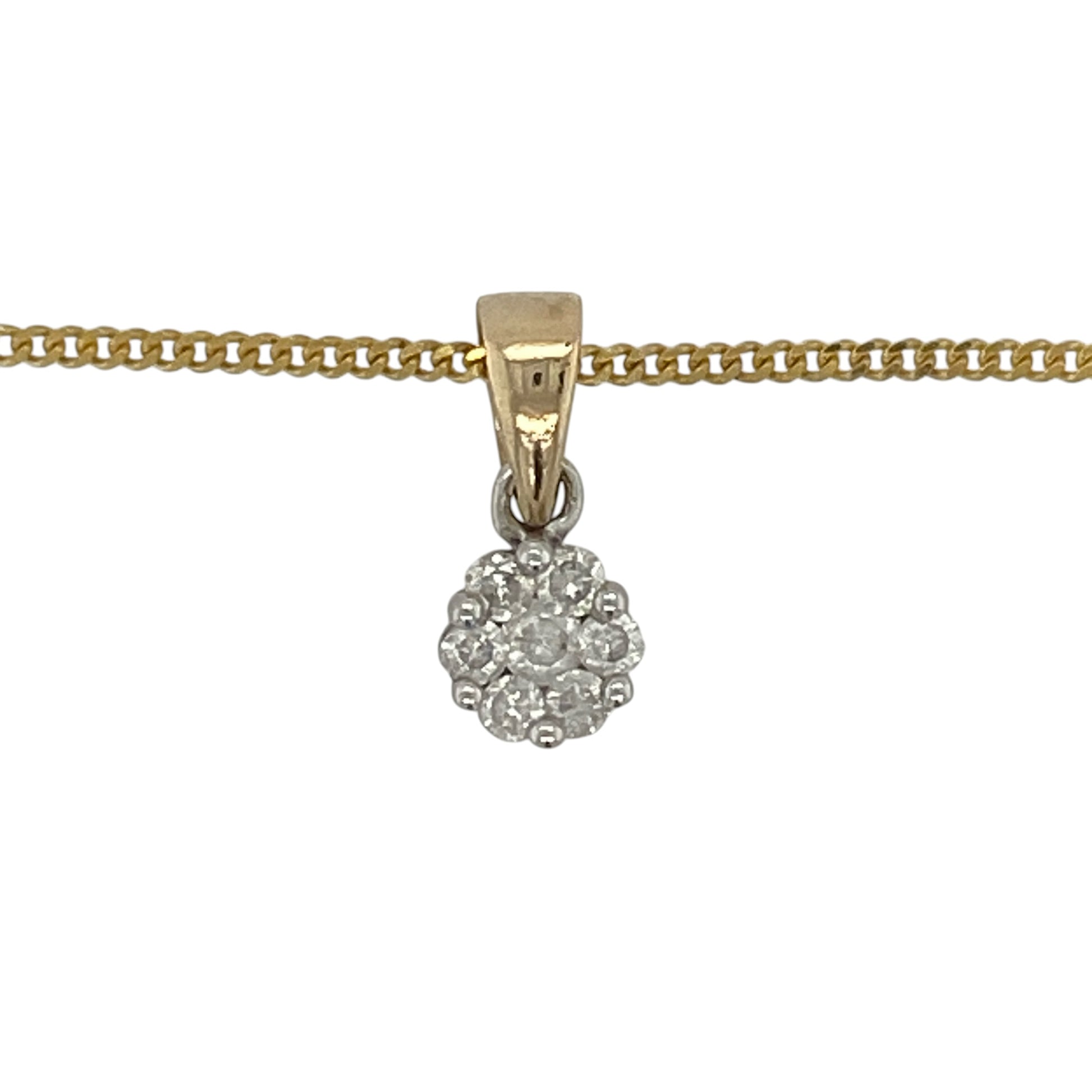 This pre-owned 9ct yellow gold diamond cluster pendant necklace is a classic design, featuring approximately 0.22ct of diamond content suspended from a curb chain.

Design: Featuring a diamond cluster pendant suspended from an 18-inch curb chain, this necklace combines a classic cluster design with the warm finish of 9ct yellow gold.
Material: Made from 9-carat yellow gold.
Gemstone Detail: Approximately 0.22ct of diamond content set in total.