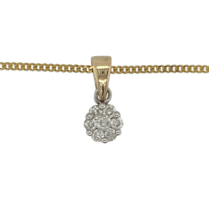 This pre-owned 9ct yellow gold diamond cluster pendant necklace is a classic design, featuring approximately 0.22ct of diamond content suspended from a curb chain.

Design: Featuring a diamond cluster pendant suspended from an 18-inch curb chain, this necklace combines a classic cluster design with the warm finish of 9ct yellow gold.
Material: Made from 9-carat yellow gold.
Gemstone Detail: Approximately 0.22ct of diamond content set in total.