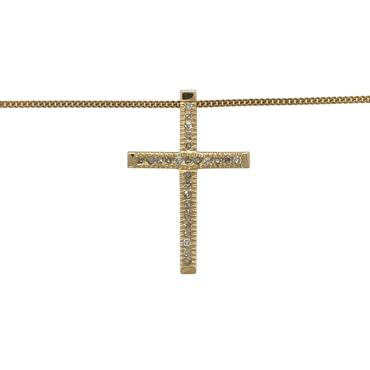 This pre-owned 9ct yellow gold diamond cross pendant necklace is a classic design, featuring multiple small diamonds set across the cross.

Design: Featuring a traditional cross pendant set with multiple small diamonds, this necklace combines a timeless design with the warm finish of 9ct yellow gold.
Material: Made from 9-carat yellow gold.
Gemstone Detail: Set with multiple small diamonds across the cross pendant.
Pendant Detail: Pendant measures approximately 2.3cm long.