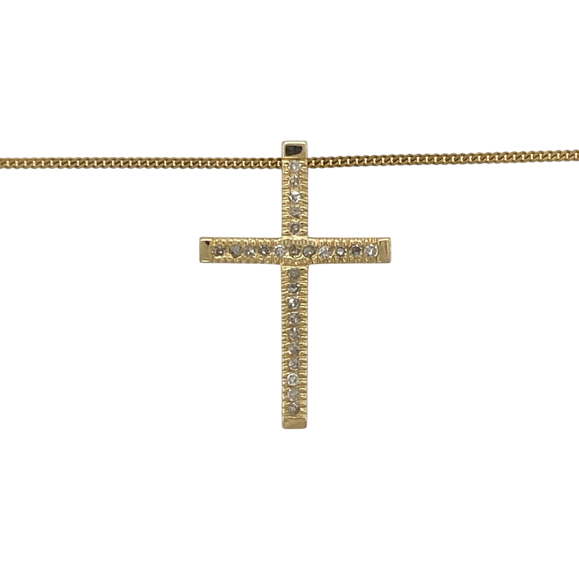 This pre-owned 9ct yellow gold diamond cross pendant necklace is a classic design, featuring multiple small diamonds set across the cross.

Design: Featuring a traditional cross pendant set with multiple small diamonds, this necklace combines a timeless design with the warm finish of 9ct yellow gold.
Material: Made from 9-carat yellow gold.
Gemstone Detail: Set with multiple small diamonds across the cross pendant.
Pendant Detail: Pendant measures approximately 2.3cm long.