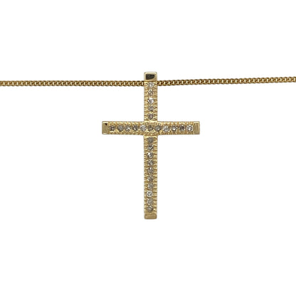 This pre-owned 9ct yellow gold diamond cross pendant necklace is a classic design, featuring multiple small diamonds set across the cross.

Design: Featuring a traditional cross pendant set with multiple small diamonds, this necklace combines a timeless design with the warm finish of 9ct yellow gold.
Material: Made from 9-carat yellow gold.
Gemstone Detail: Set with multiple small diamonds across the cross pendant.
Pendant Detail: Pendant measures approximately 2.3cm long.