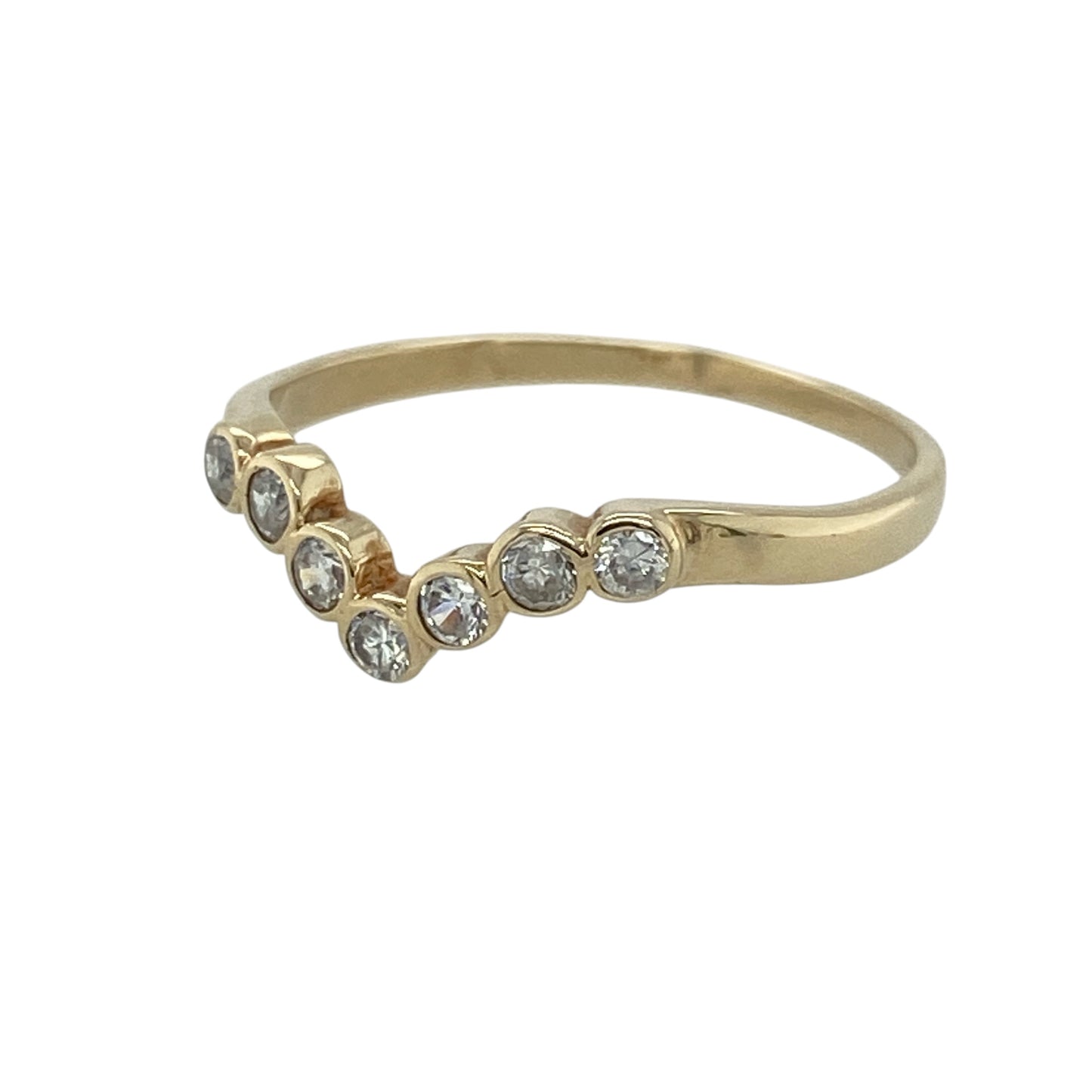 This pre-owned 9ct yellow gold cubic zirconia wishbone ring is a classic curved design, featuring cubic zirconia detailing along the band.

Design: Featuring a traditional wishbone shape set with cubic zirconia stones, this ring has a delicate curved profile finished in warm 9ct yellow gold.
Material: Made from 9-carat yellow gold.
Gemstone Detail: Set with cubic zirconia stones.
Ring Detail: Band measures approximately 2mm wide.
Size & Weight: Ring size N. Total weight 1.30 grams.