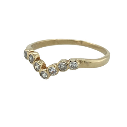 This pre-owned 9ct yellow gold cubic zirconia wishbone ring is a classic curved design, featuring cubic zirconia detailing along the band.

Design: Featuring a traditional wishbone shape set with cubic zirconia stones, this ring has a delicate curved profile finished in warm 9ct yellow gold.
Material: Made from 9-carat yellow gold.
Gemstone Detail: Set with cubic zirconia stones.
Ring Detail: Band measures approximately 2mm wide.
Size & Weight: Ring size N. Total weight 1.30 grams.