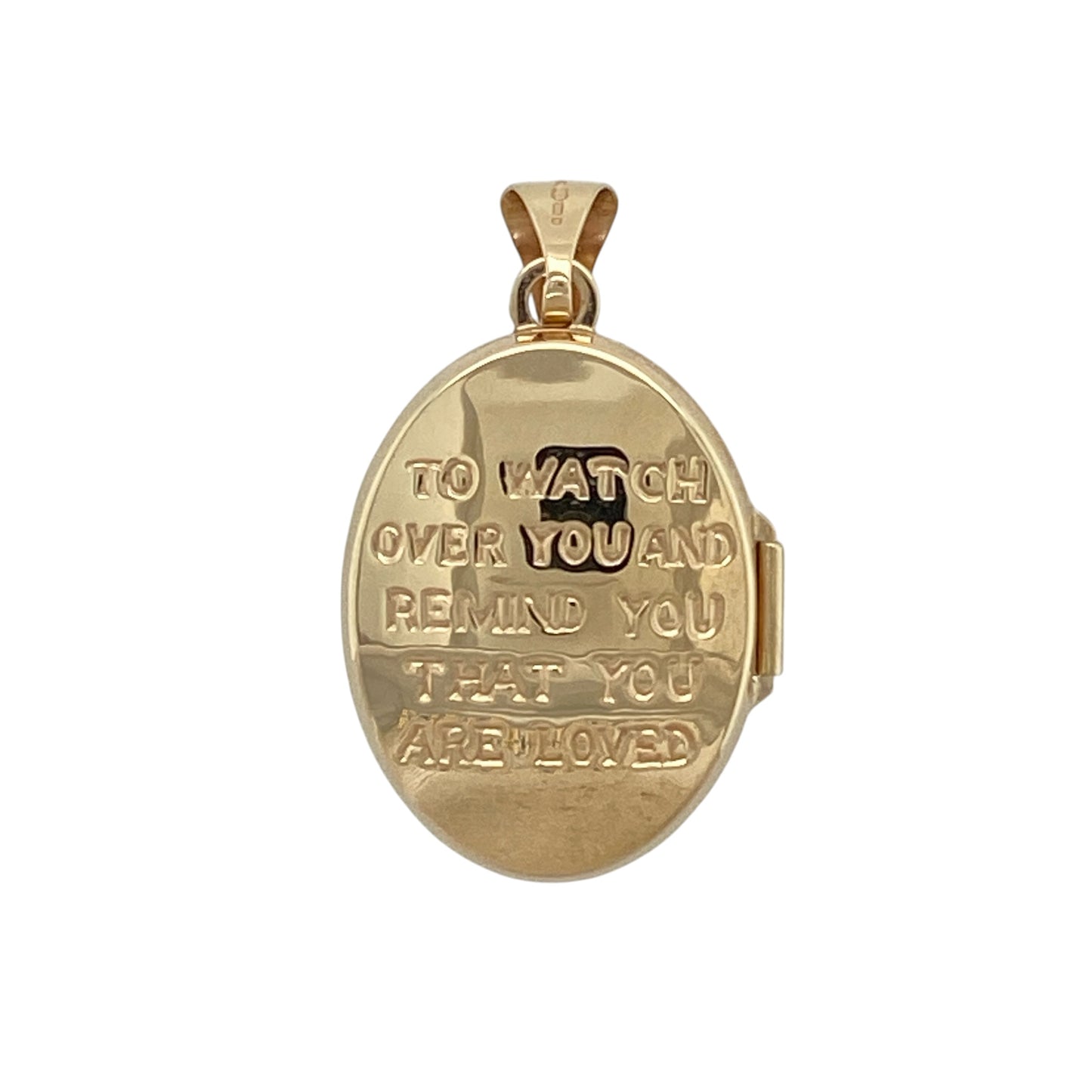 This pre-owned 9ct yellow and white gold cherub oval pendant is a meaningful two-tone design, featuring a cherub motif with a sentimental message on the reverse.

Design: Featuring a cherub design within an oval-shaped pendant, this piece combines contrasting yellow and white gold with the message ‘To watch over you and remind you that you are loved’ on the reverse.
Material: Made from 9-carat yellow and white gold.
Pendant Detail: Oval cherub design with a bail measuring approximately 5mm by 3mm.