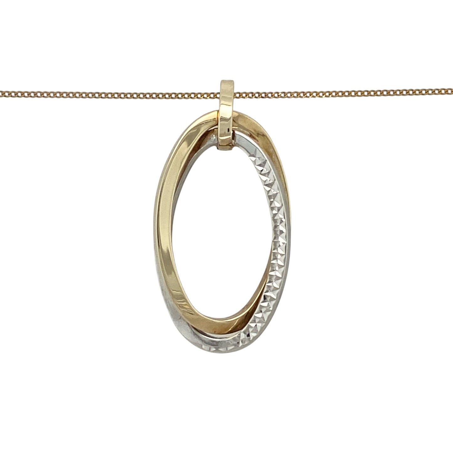 This pre-owned 9ct yellow and white gold double oval pendant necklace is a distinctive two-tone design, featuring interlinking oval detailing on a fine curb chain.

Design: Featuring a double oval pendant in contrasting yellow and white gold, this necklace has a simple two-tone design suspended from an 18-inch fine curb chain.
Material: Made from 9-carat yellow and white gold.
Pendant Detail: Pendant measures approximately 3.1cm long including the bail.