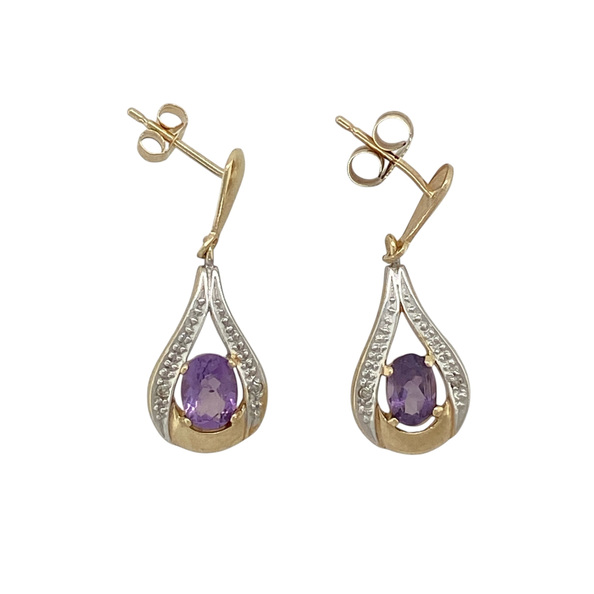 9ct Gold Diamond & Amethyst Drop Earrings