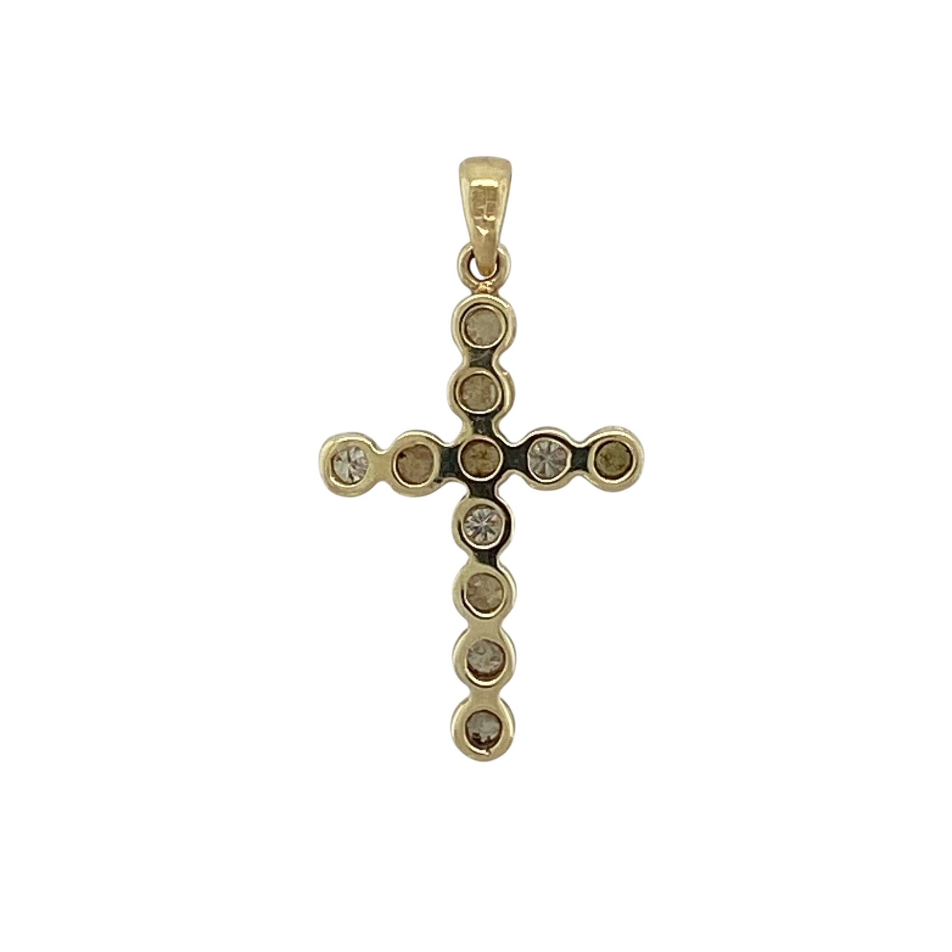 This pre-owned 9ct yellow gold diamond cross pendant is a classic and meaningful design, featuring diamond detailing throughout the cross.

Design: Featuring a traditional cross design with diamond detailing, this pendant combines a timeless style with the warm finish of 9ct yellow gold.
Material: Made from 9-carat yellow gold.
Gemstone Detail: Set with diamonds.
Pendant Detail: Bail measures approximately 3mm by 2mm.
Size & Weight: Total weight 1 gram.
