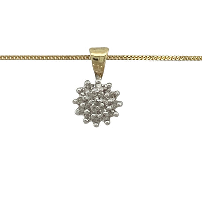 This pre-owned 9ct yellow gold diamond cluster pendant necklace is a classic design, featuring a diamond cluster suspended from a curb chain.

Design: Featuring a diamond cluster pendant suspended from an 18-inch curb chain, this necklace combines a classic diamond design with the warm finish of 9ct yellow gold.
Material: Made from 9-carat yellow gold.
Gemstone Detail: Cluster pendant set with diamonds.
Pendant Detail: Pendant measures approximately 1.3cm long including the bail.