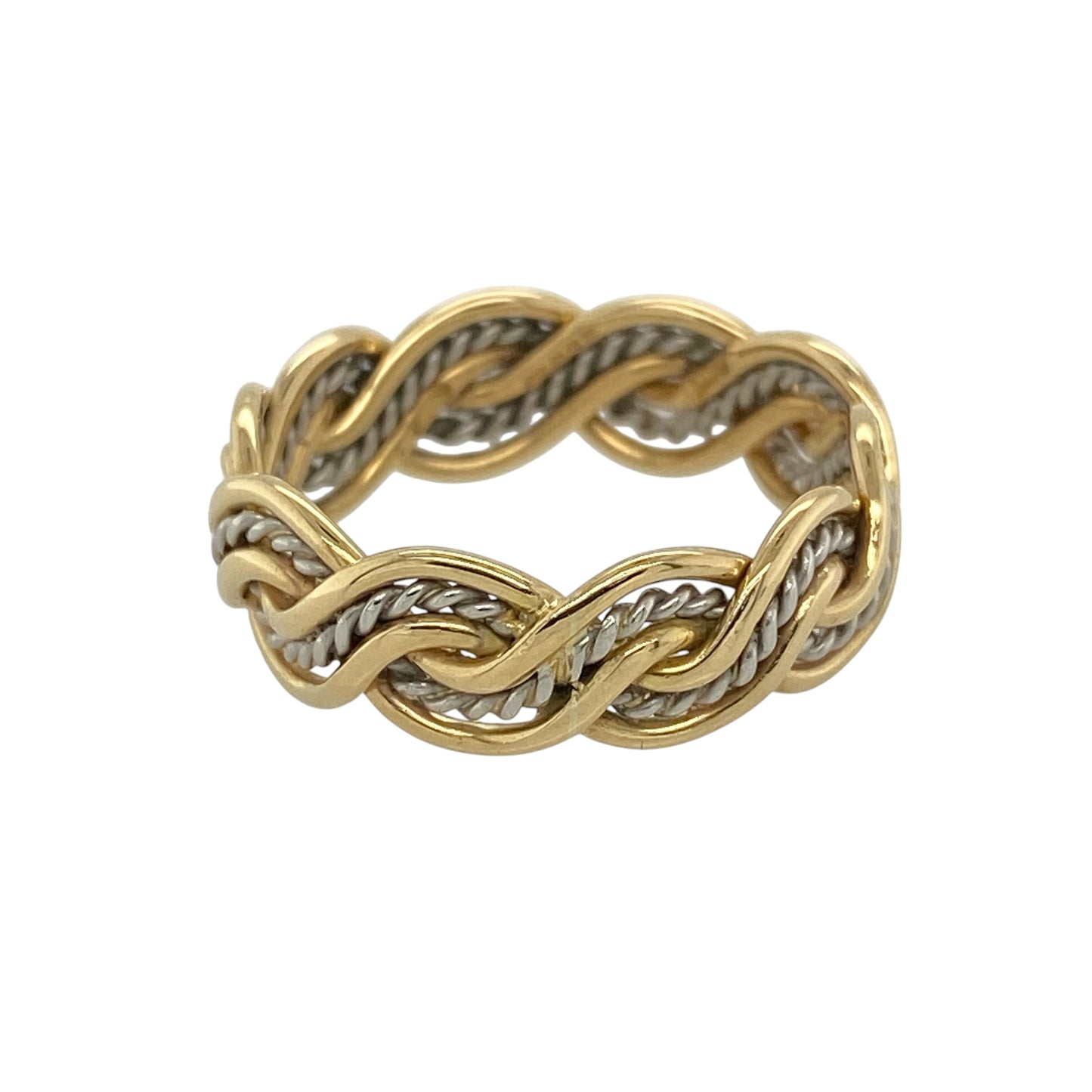 Celebrate Welsh heritage and timeless craftsmanship with this pre-owned 9ct yellow and white Welsh gold twisted band ring, featuring an elegant two-tone design with distinctive flowing detail.

Design: The ring showcases a stylish twisted band design that combines contrasting yellow and white gold tones, creating depth, movement and visual interest. Measuring approximately 6mm wide, the substantial profile gives the ring an eye-catching presence while maintaining a refined and timeless appearance.