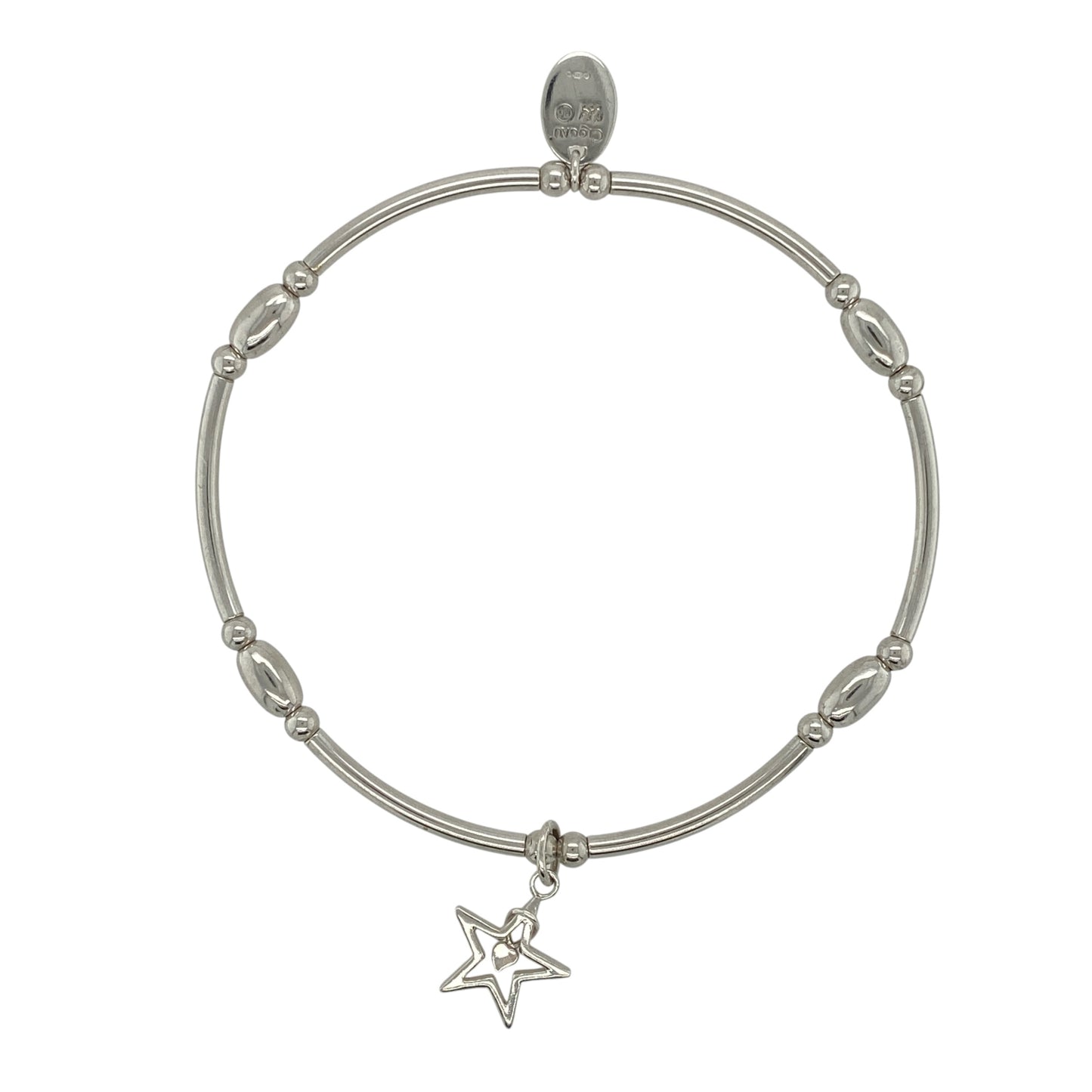 This pre-owned Clogau Tree of Life star stretchy bracelet is a distinctive two-tone design, combining 925 silver with signature 9ct rose gold detailing.

Design: Featuring a star-shaped centrepiece with Clogau’s iconic Tree of Life detailing, this stretchy bracelet combines polished silver with contrasting rose gold accents.
Material: Made from 925 sterling silver with 9-carat rose gold detailing.
Bracelet Detail: Stretchy bracelet design featuring a Tree of Life star centrepiece.