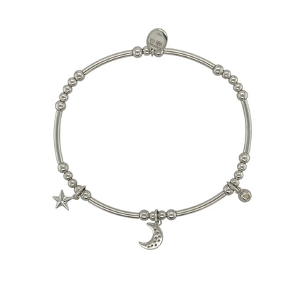 This pre-owned Clogau moon and star stretchy bracelet is a charming two-tone design, combining 925 silver with 9ct rose gold and white topaz detailing.

Design: Featuring a moon and star design with contrasting rose gold detailing and white topaz, this Clogau stretchy bracelet has a distinctive celestial-inspired style.
Material: Made from 925 sterling silver with 9-carat rose gold detailing.
Gemstone Detail: Set with white topaz.
Bracelet Detail: Stretchy bracelet featuring a moon and star design.