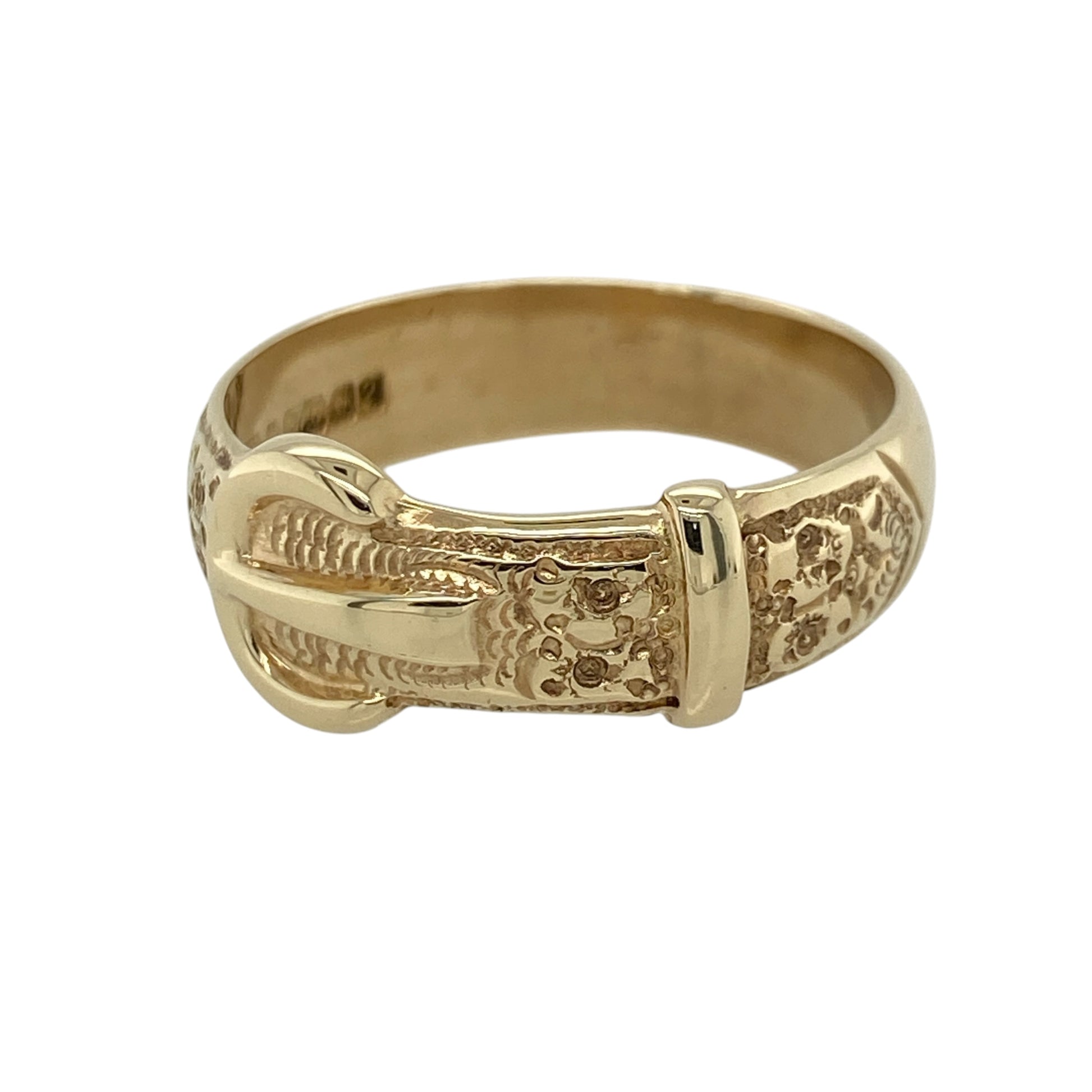 This pre-owned 9ct yellow gold buckle ring is a bold traditional design, featuring a distinctive buckle-style front.

Design: Featuring a classic buckle design, this ring has a substantial profile finished in warm 9ct yellow gold.
Material: Made from 9-carat yellow gold.
Ring Detail: Front of the buckle measures approximately 9mm wide.
Size & Weight: Ring size Y. Total weight 7.10 grams.