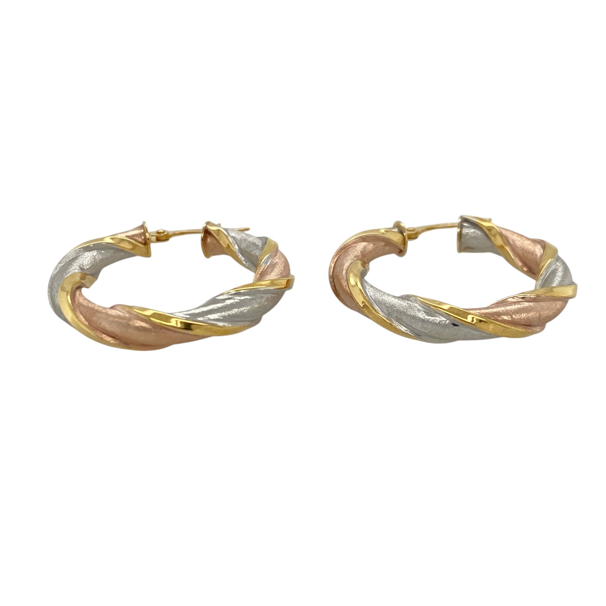 These pre-owned 9ct yellow, rose and white gold twisted hoop creole earrings are a distinctive three-tone design, featuring intertwined gold tones throughout.

Design: Featuring a twisted hoop creole design combining yellow, rose and white gold, these earrings have a decorative three-tone finish.
Material: Made from 9-carat yellow, rose and white gold.
Earring Detail: Twisted three-tone hoop creole earring design.
Size & Weight: Total weight 2.80 grams.