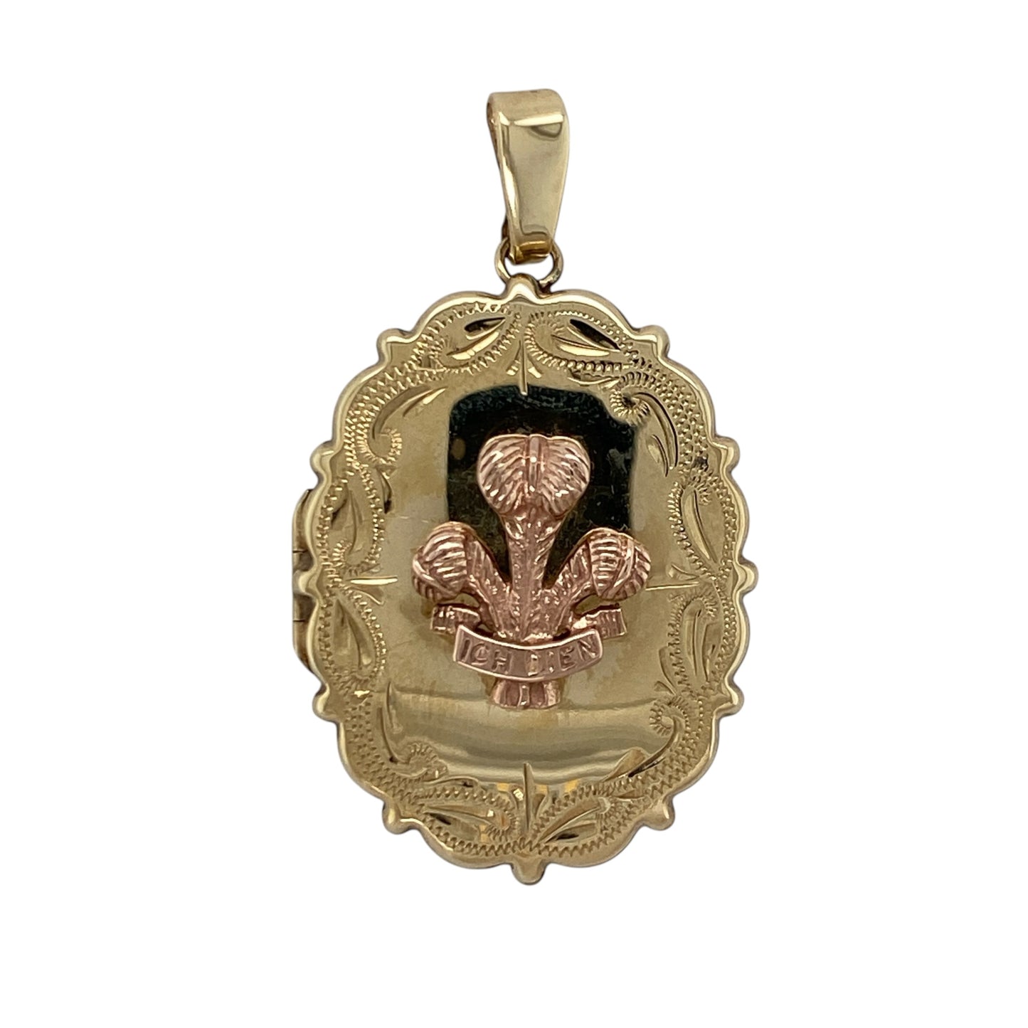 9ct Welsh Gold Three Feathers Scalloped Edge Oval Locket