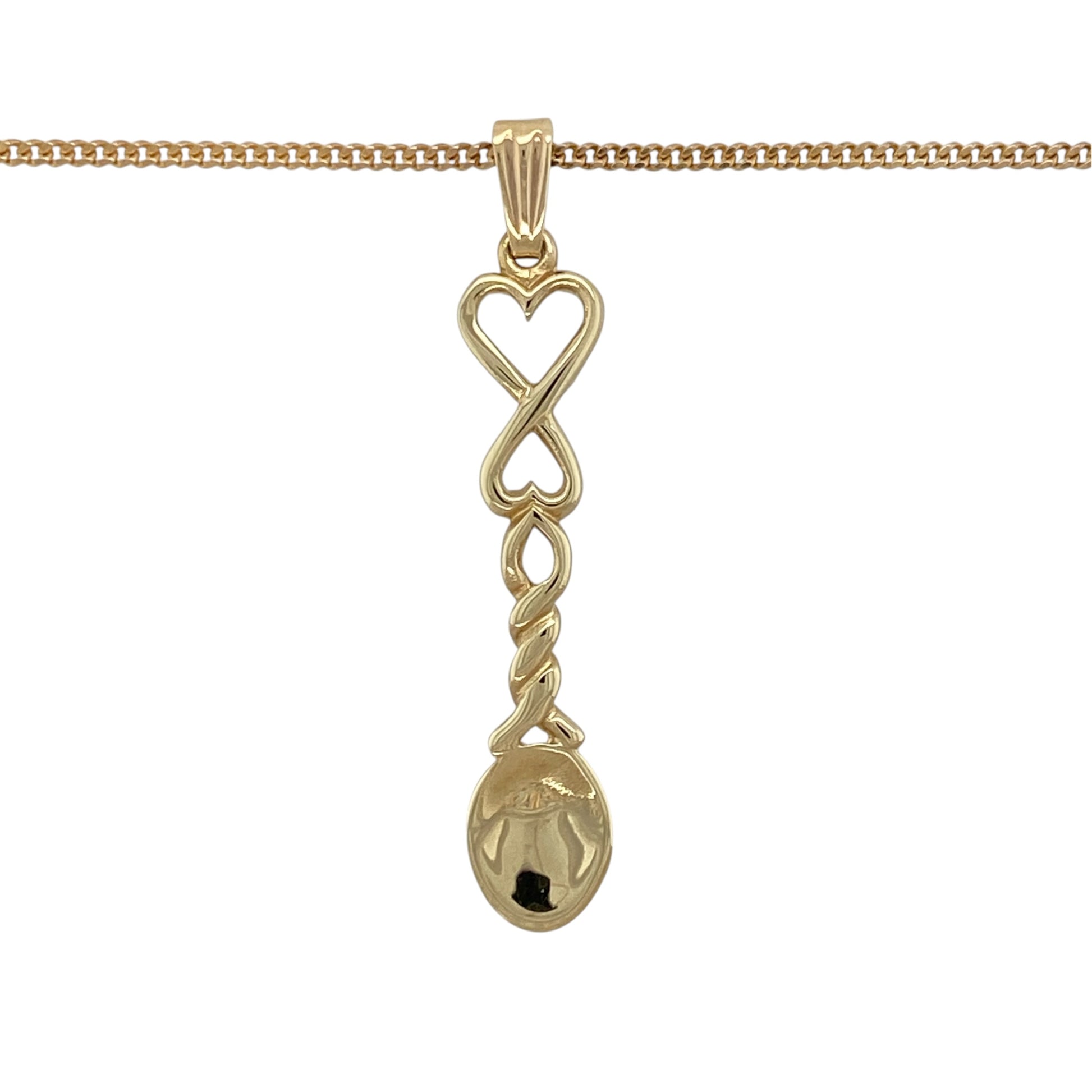 This pre-owned 9ct yellow gold double heart lovespoon pendant necklace is a meaningful Welsh-inspired design, featuring traditional lovespoon styling with two heart motifs.

Design: Featuring a Welsh lovespoon design with double heart detailing, this pendant is finished in warm 9ct yellow gold and suspended from a 16-inch curb chain.
Material: Made from 9-carat yellow gold.
Pendant Detail: Double heart lovespoon pendant measuring approximately 4.5cm long including the bail.