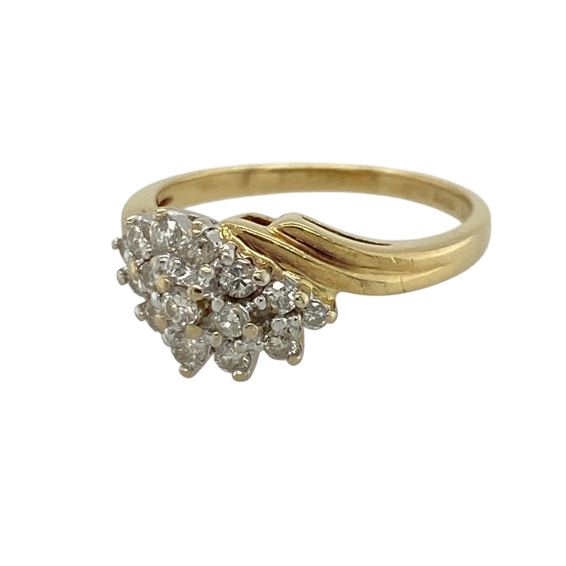 This pre-owned 9ct yellow gold diamond double twist ring is an elegant design, featuring a double twist setting with diamond-set shoulders.

Design: Featuring a double twist design with diamonds extending along the shoulders, this ring has a flowing style finished in warm 9ct yellow gold.
Material: Made from 9-carat yellow gold.
Gemstone Detail: Set with diamonds, including diamond detailing along the shoulders.
Ring Detail: Double twist ring design with diamond-set shoulders.