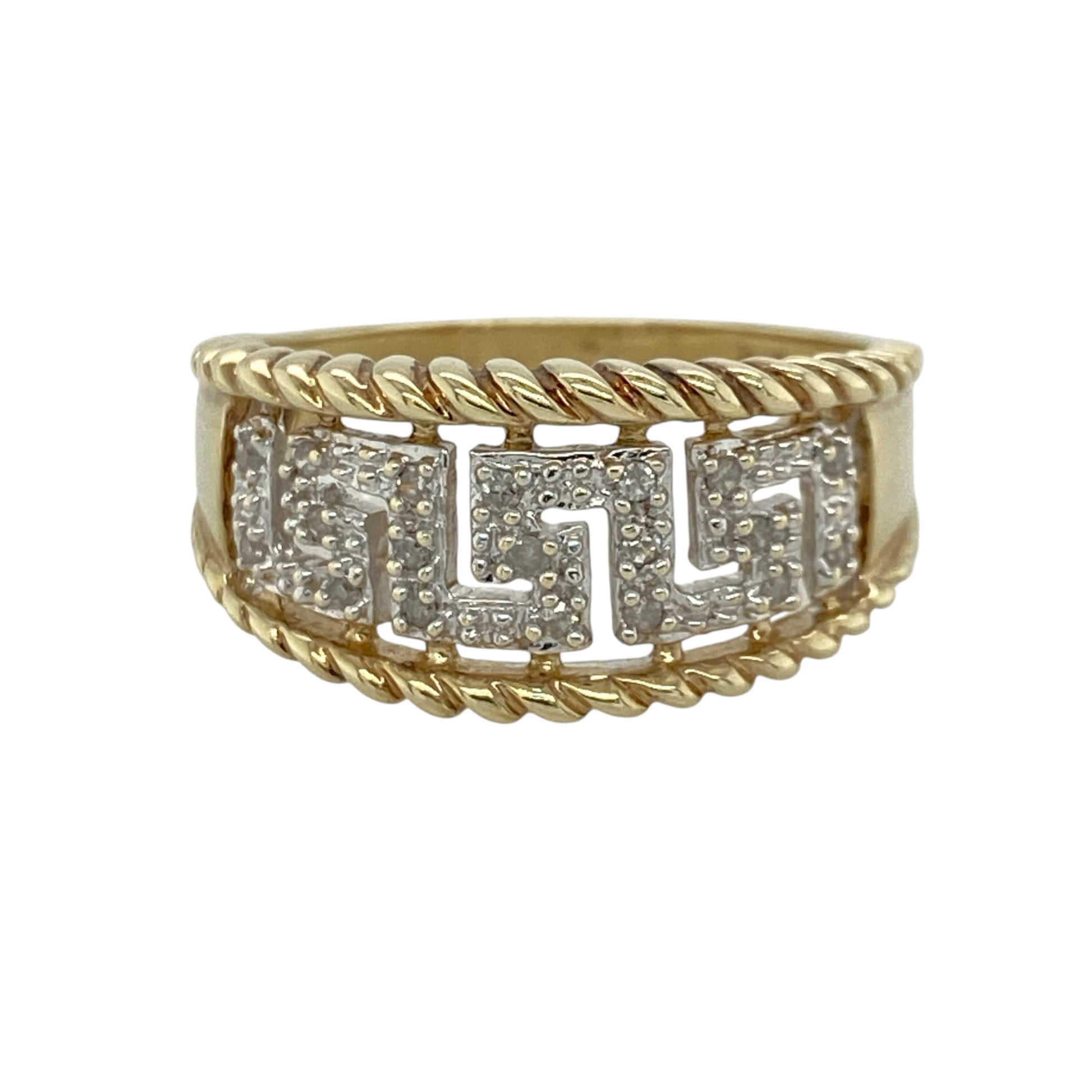9ct Gold & Diamond Greek Key Wide Band Ring