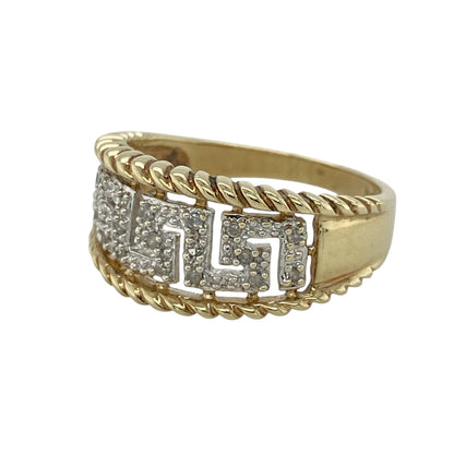 This pre-owned 9ct yellow and white gold diamond Greek Key wide band ring is a distinctive two-tone design, featuring a decorative Greek Key pattern with diamond detailing.

Design: Featuring a bold Greek Key pattern with diamond detailing, this wide band ring combines yellow and white gold for a contrasting two-tone finish.
Material: Made from 9-carat yellow and white gold.
Gemstone Detail: Set with diamonds.
Ring Detail: Front of the band measures approximately 10mm high.