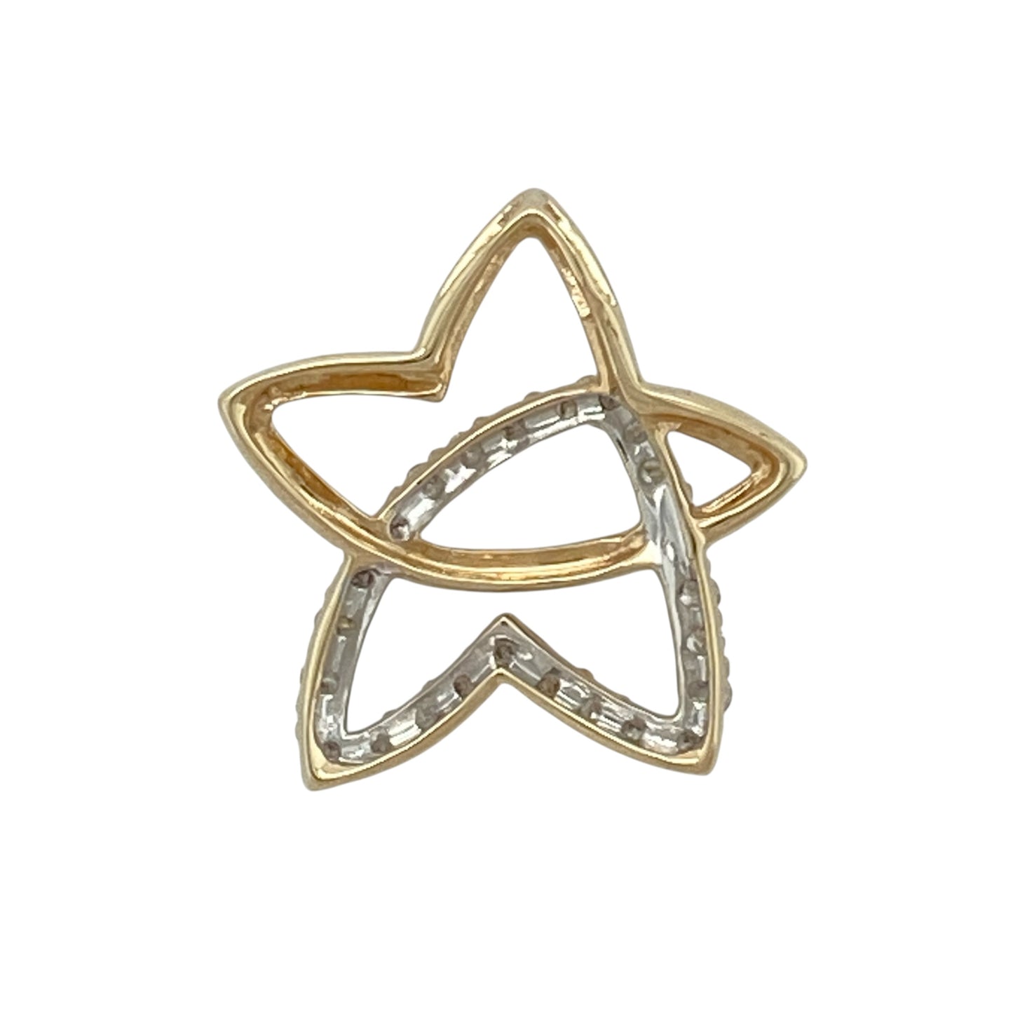 This pre-owned 9ct yellow gold diamond star pendant is a decorative celestial-inspired design, featuring diamond detailing within a classic star shape.

Design: Featuring a star-shaped design with diamond detailing, this pendant is finished in warm 9ct yellow gold.
Material: Made from 9-carat yellow gold.
Gemstone Detail: Set with diamonds.
Pendant Detail: Star pendant with a bail measuring approximately 3mm by 2mm.
Size & Weight: Total weight 1.70 grams.