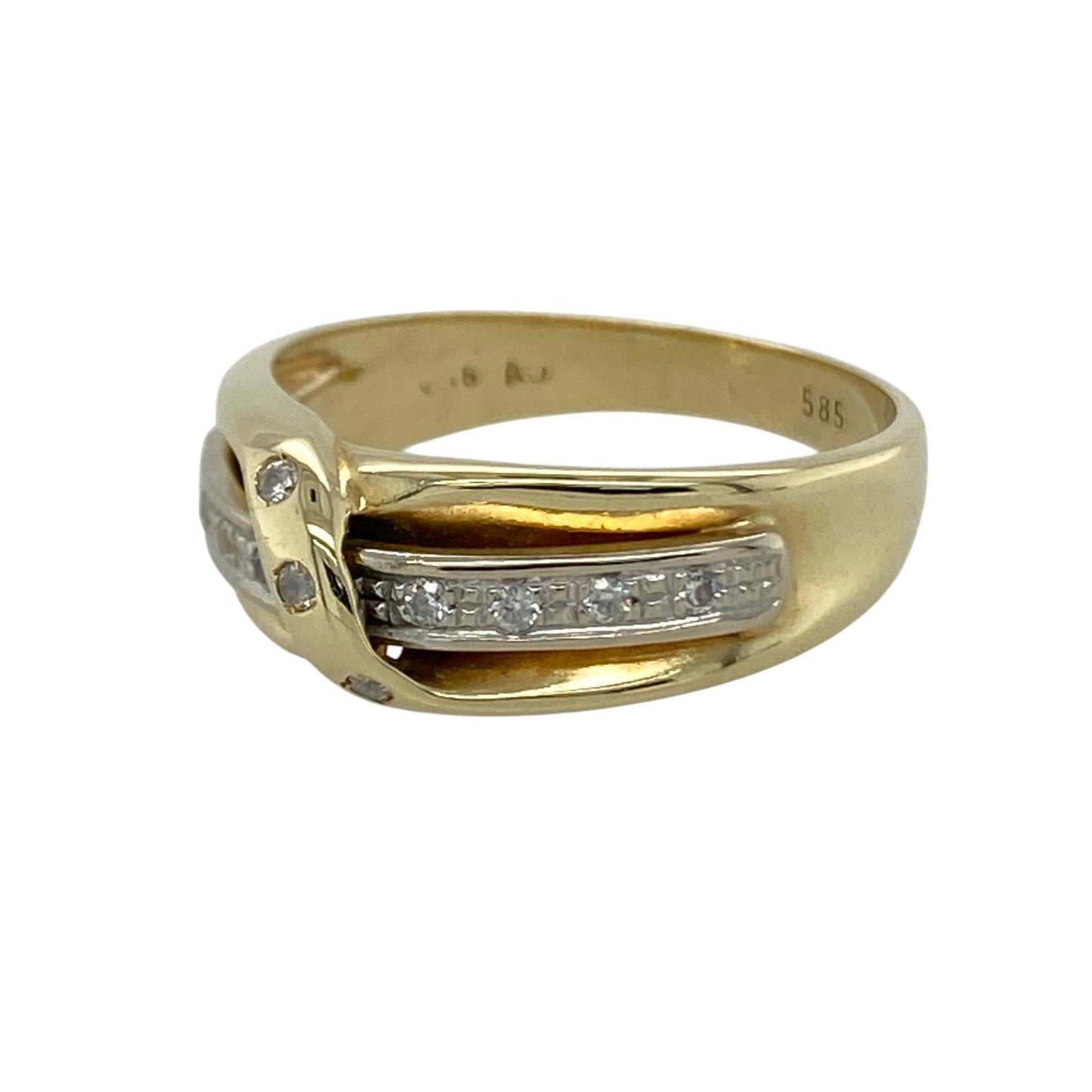 This pre-owned 14ct yellow and white gold cubic zirconia wrap over band ring is a distinctive two-tone design, featuring stone-set detailing across the front.

Design: Featuring a wrap over band design with cubic zirconia detailing, this ring combines yellow and white gold for a contrasting two-tone finish.
Material: Made from 14-carat yellow and white gold.
Gemstone Detail: Set with cubic zirconia stones.
Ring Detail: Front of the ring measures approximately 7mm wide.