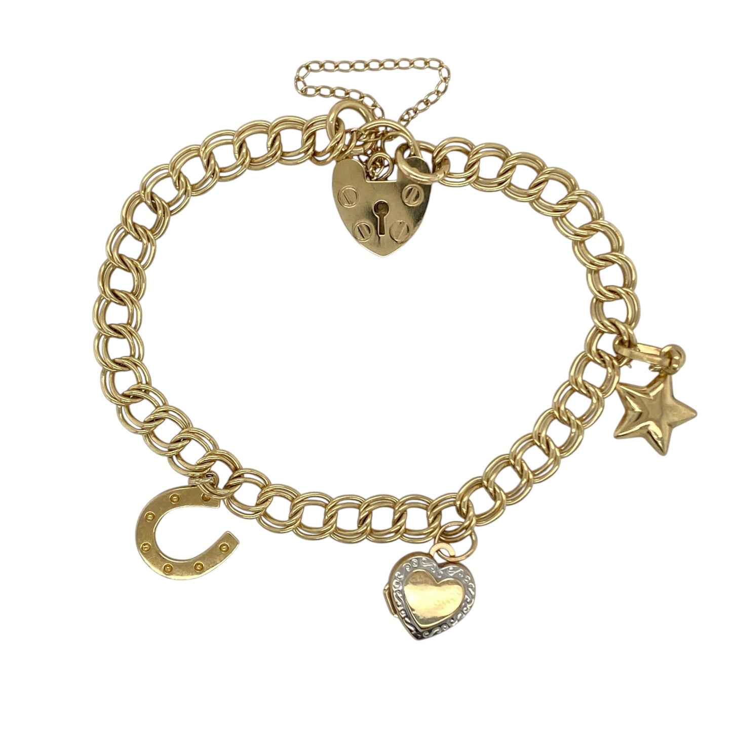 9ct Gold 7" Heart Padlock Charm Bracelet