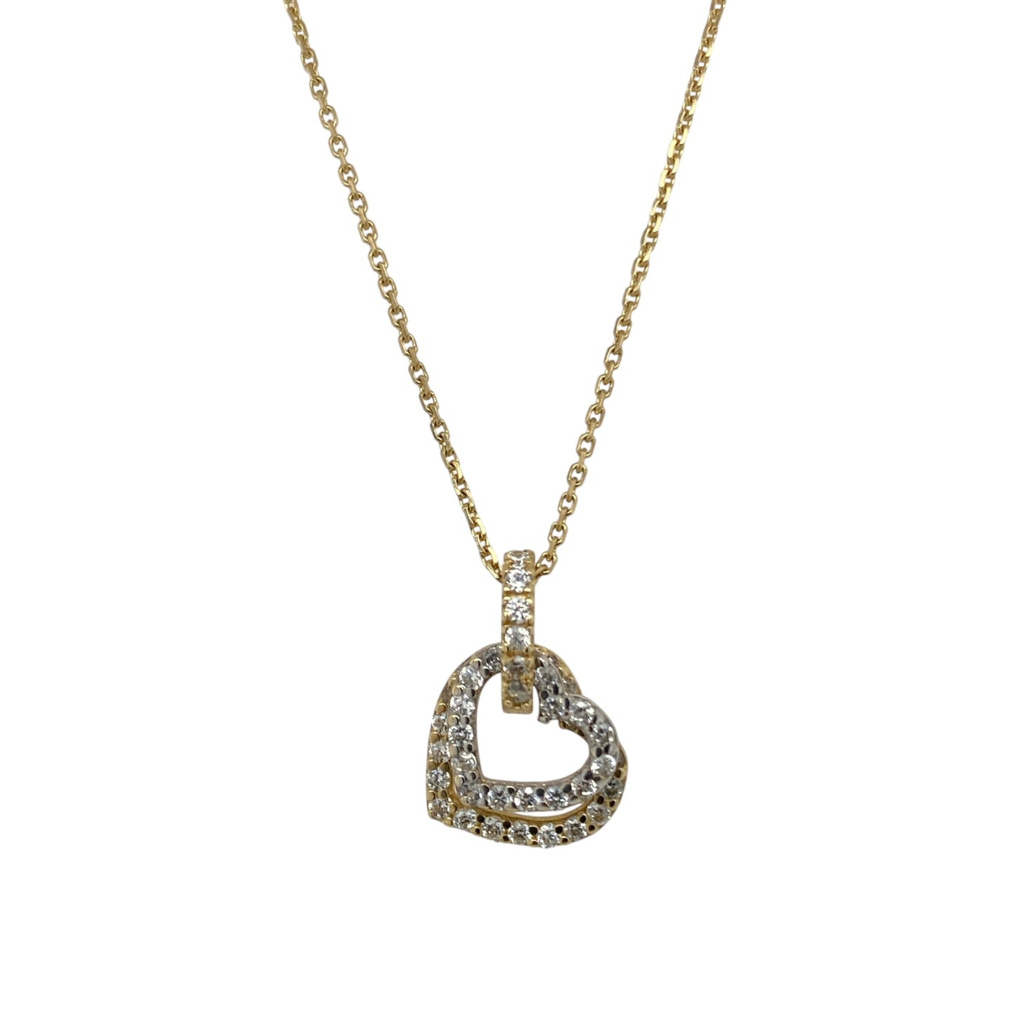 14ct Gold & Cubic Zirconia Double Heart 18" Necklace