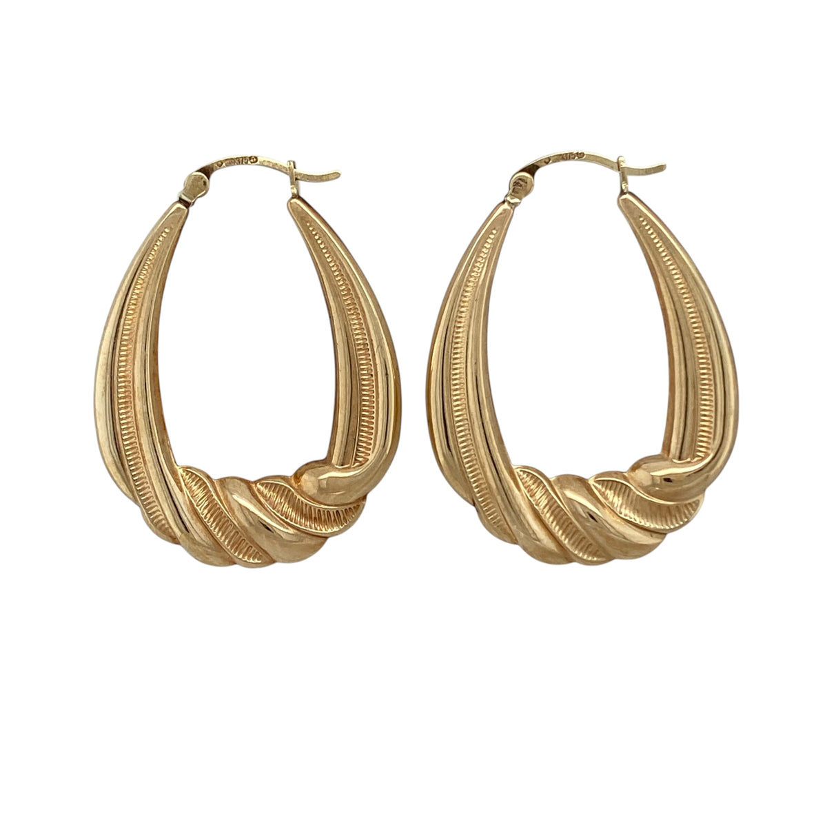 9ct Gold Patterned Twist Oval Creole Earrings