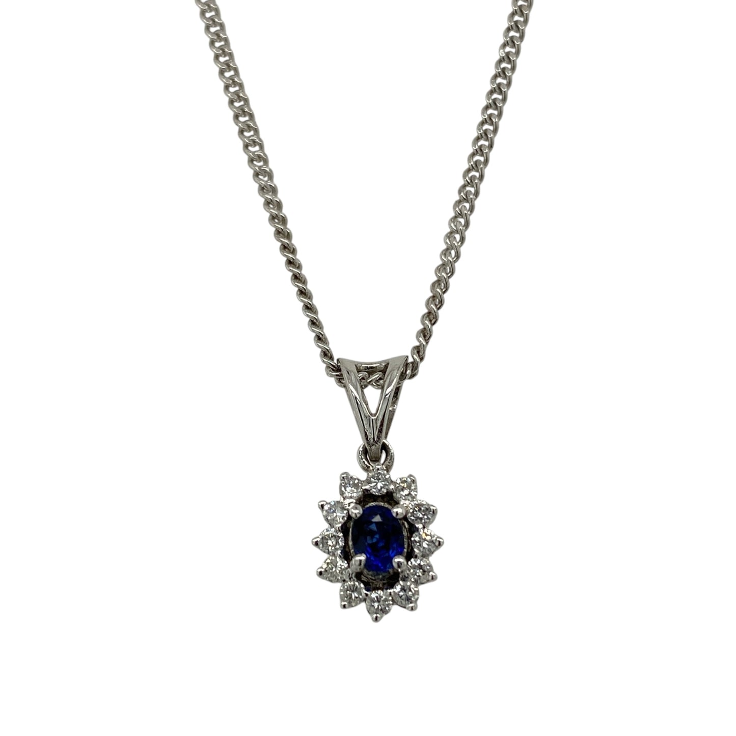 9ct White Gold Diamond & Sapphire Cluster 18" Necklace
