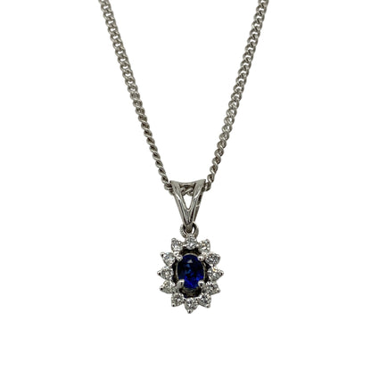 9ct White Gold Diamond & Sapphire Cluster 18" Necklace