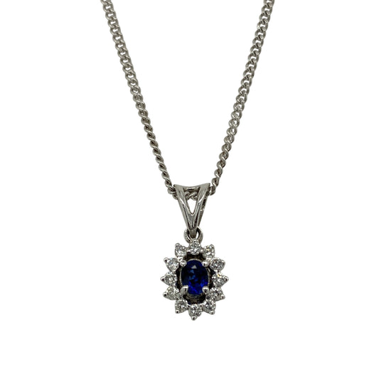 9ct White Gold Diamond & Sapphire Cluster 18" Necklace