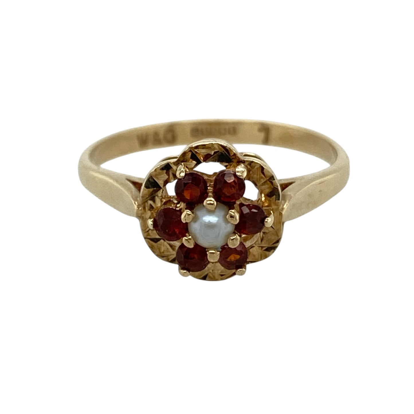 9ct Gold Seed Pearl & Garnet Flower Cluster Ring